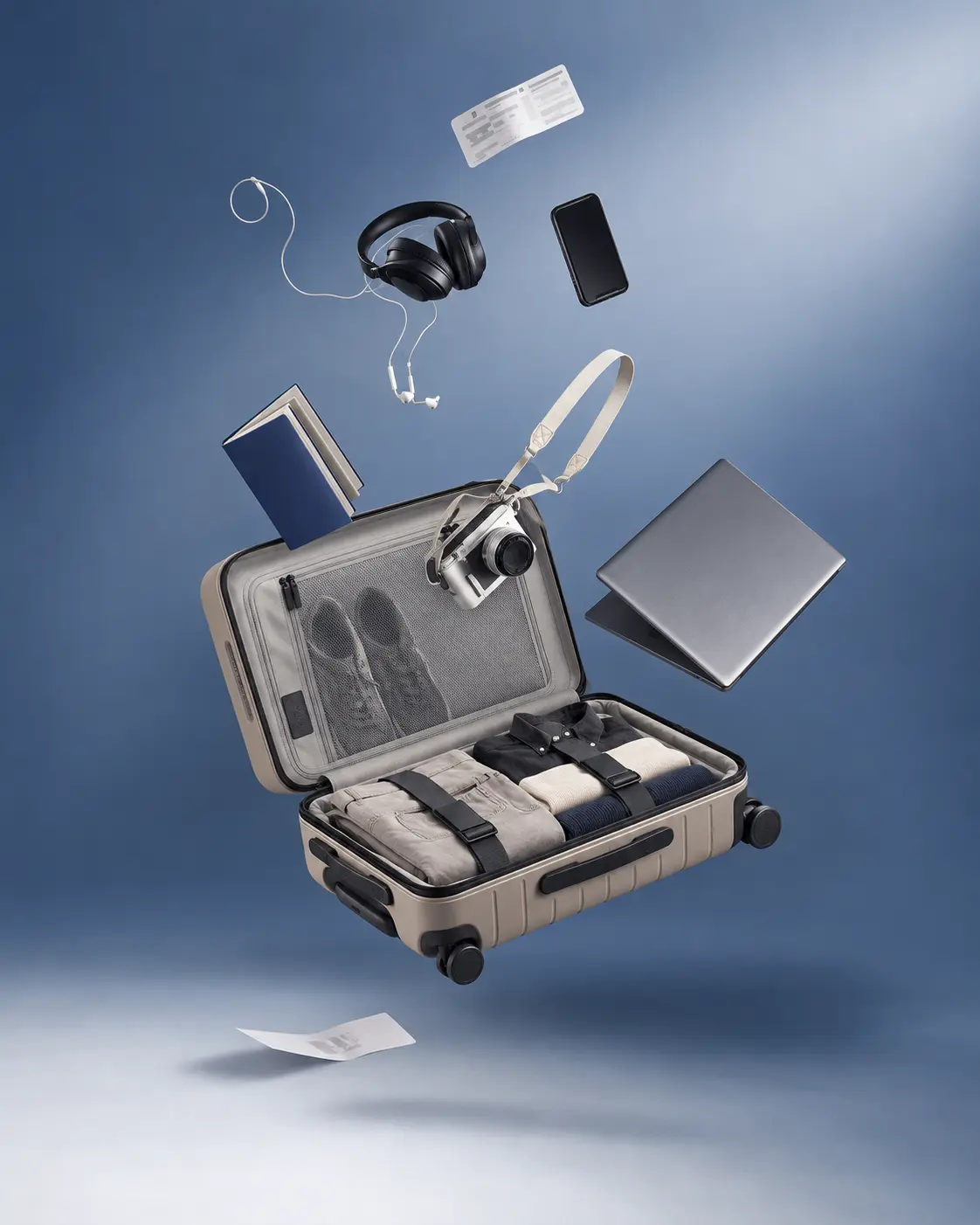 Carry-on campaign visual — packed suitcase with gear floating above it