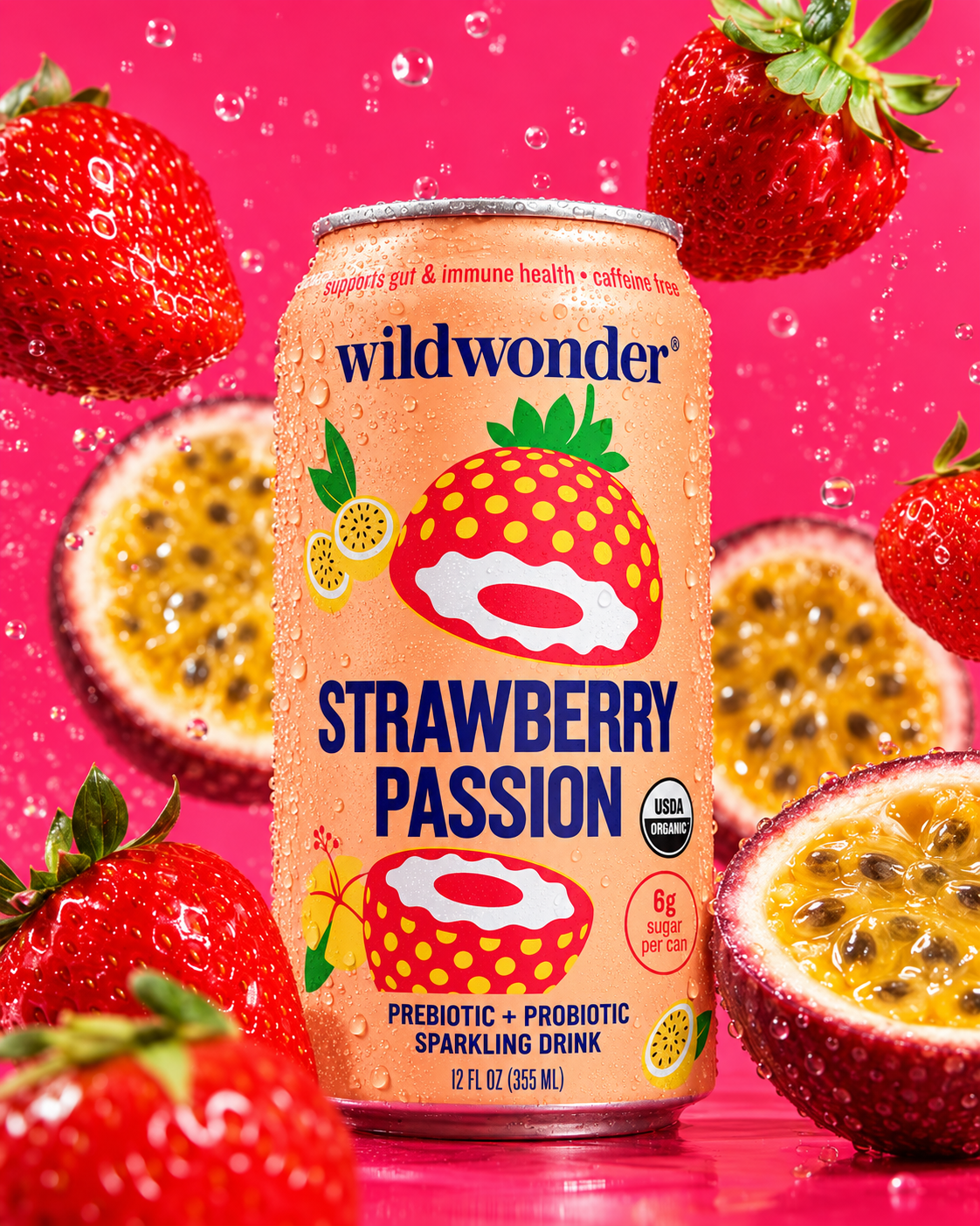 Sparkling drink campaign visual — strawberry passion can with fruit
