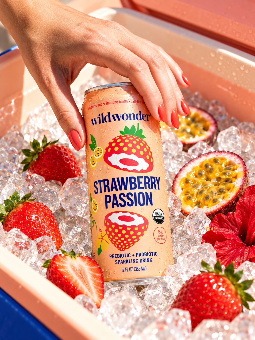 Sparkling drink campaign visual — hand reaching for a can in a cooler of ice