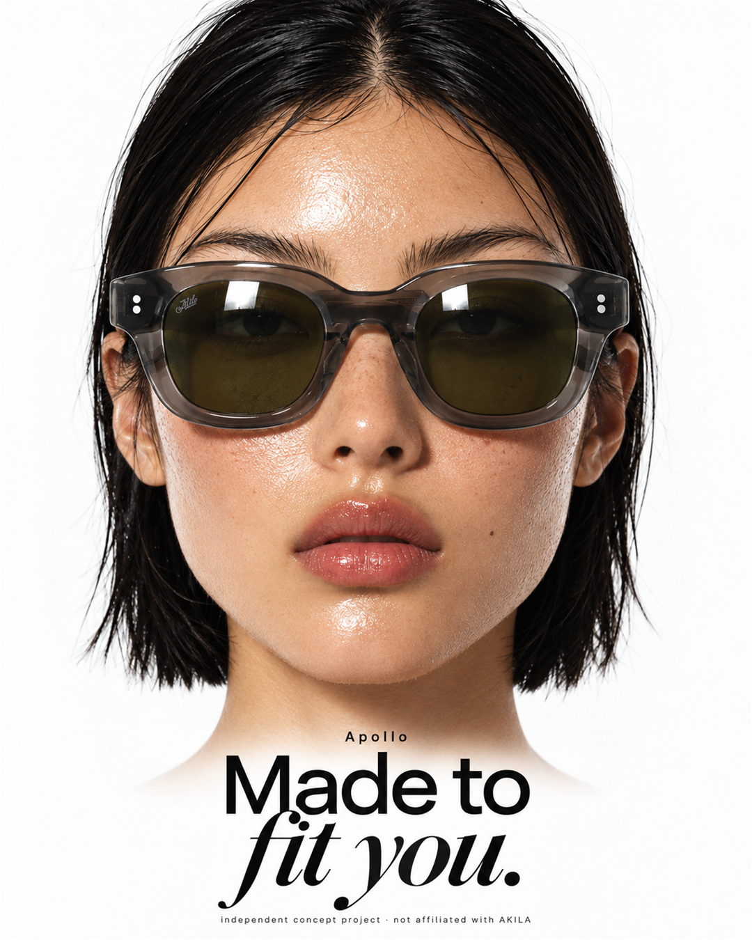 Sunglasses static ad — close portrait with the frame, Made to fit you