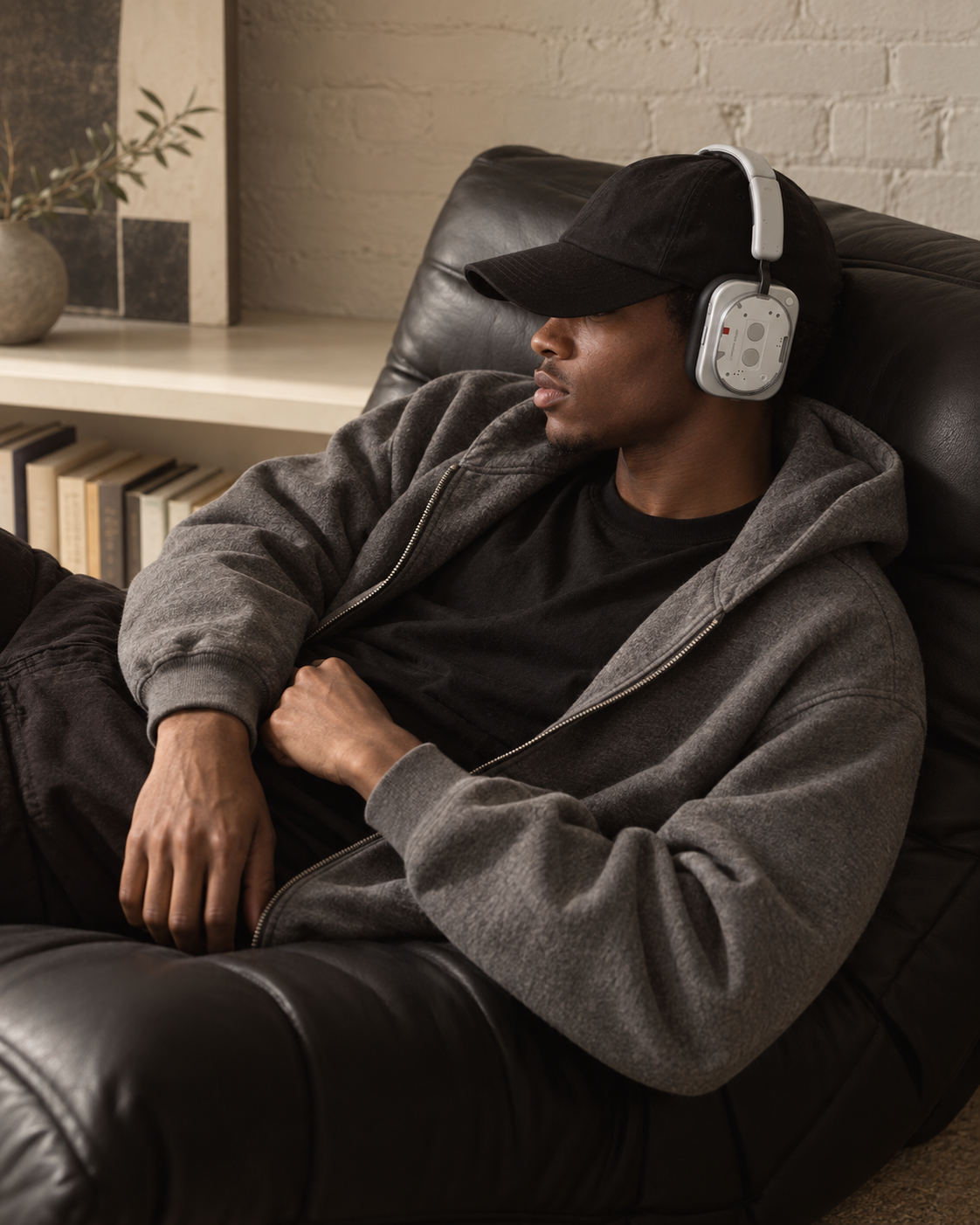 Headphones campaign visual — listener in a cap on a leather chair