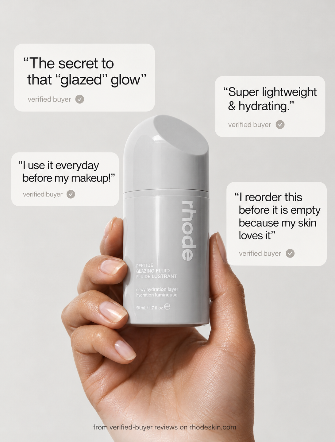 Reviews ad: hand holding the same skincare bottle, surrounded by verified-buyer quotes