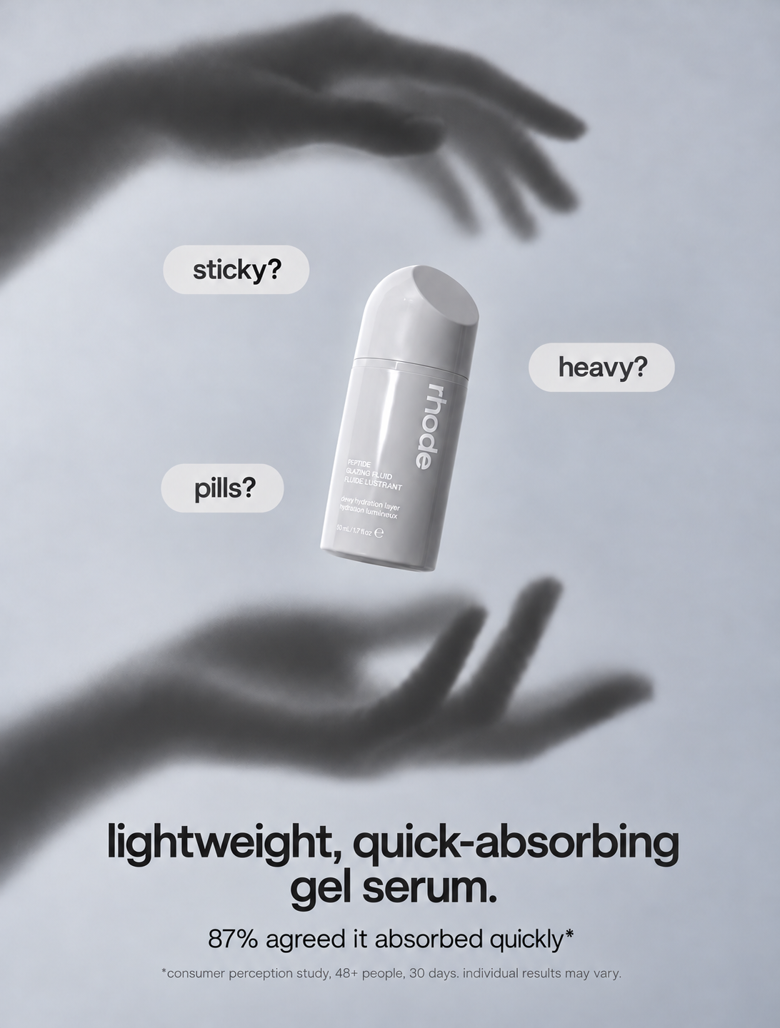Objection ad: the bottle floating between two hand shadows — sticky, heavy, pills answered