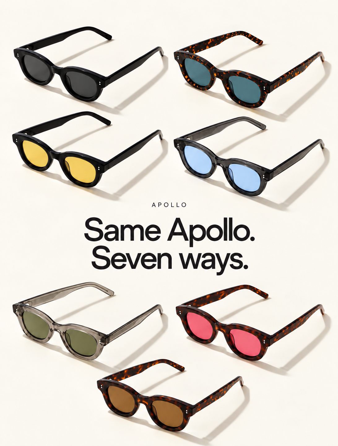 Sunglasses static ad — one frame shown in seven colorways